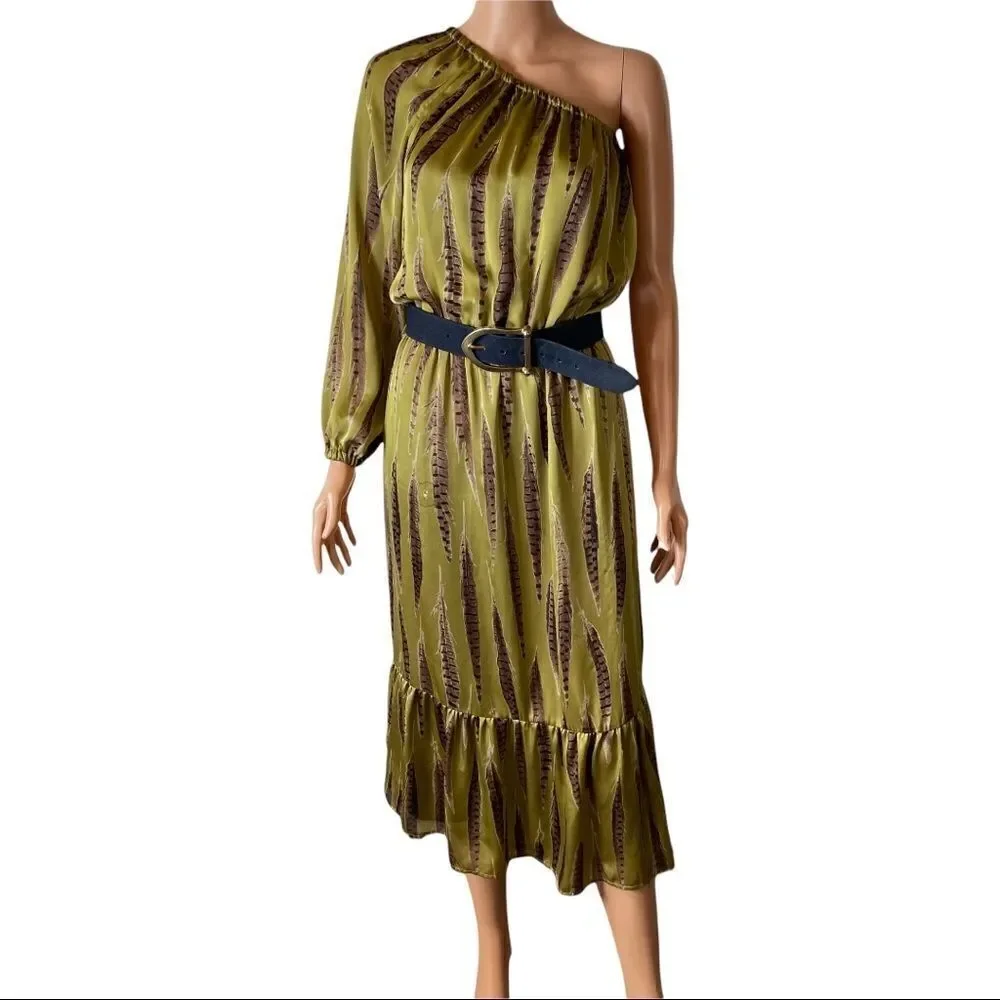 Michael Kors Tarragon Peasant One Shoulder MIDI Dress XSMALL